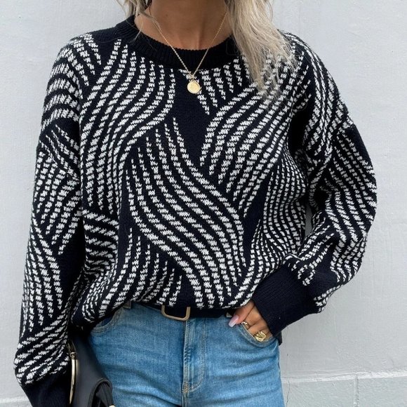 Black and White Preppy Womens Allover Pattern Drop Shoulder Sweater - Picture 3 of 5